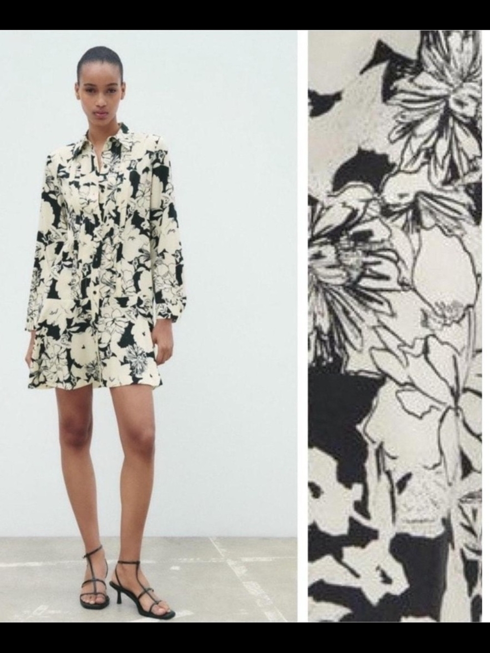 Zara Black and Cream Floral Mini Shirt Dress